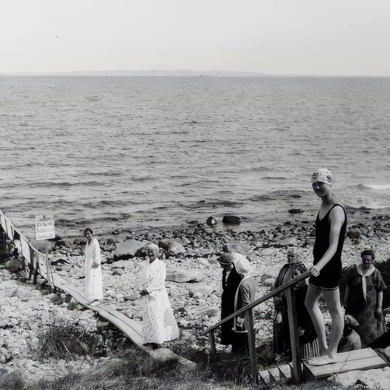 Sort hvidt billede af både unge og ældre kvinder på en badebro